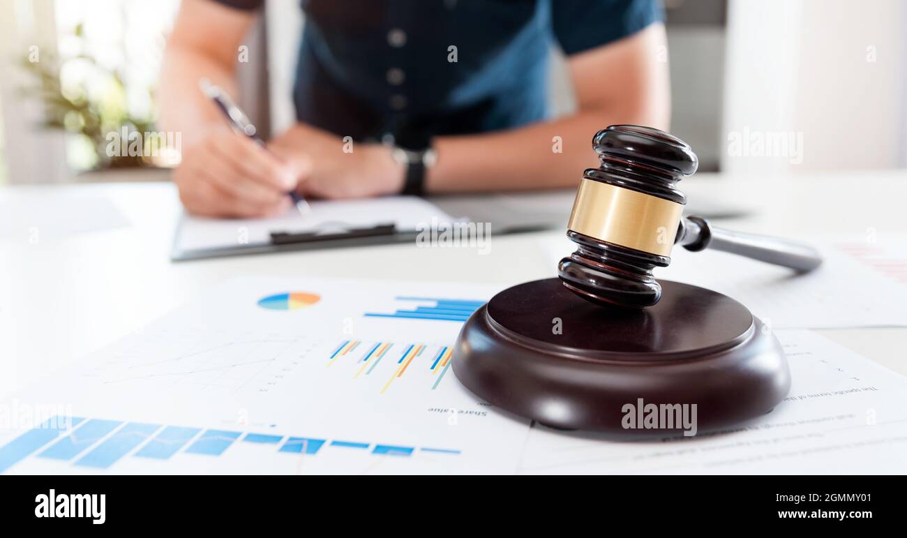 Lawyer, accountant, notary public working in the office. Law and