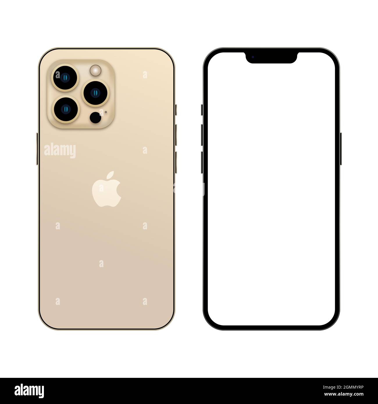 Vinnytsia, Ukraine - September 20, 2021. New iphone 13 pro gold color, front and back side. Smartphone mock up with white screen. Illustration for app Stock Vector