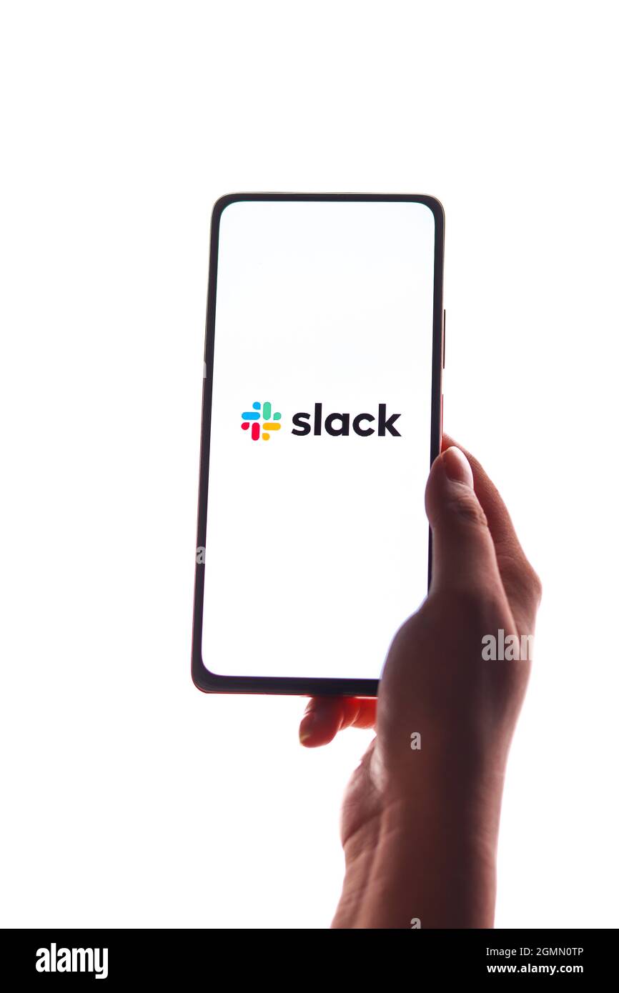 Assam, india - September 18, 2020 : Slack logo on phone screen stock image. Stock Photo