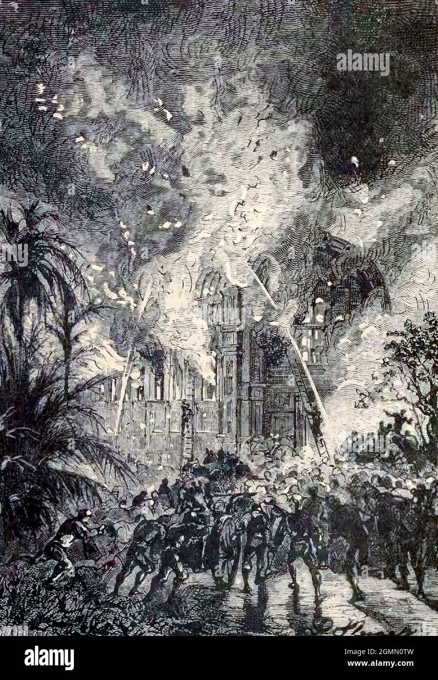 A destructive fire from The Begum's Fortune (French: Les Cinq cents millions de la Bégum, literally 'the 500 millions of the begum'), also published as The Begum's Millions, is an 1879 novel by Jules Verne, with some utopian elements and other elements that seem clearly dystopian. It is noteworthy as the first published book in which Verne was cautionary, and somewhat pessimistic about the development of science and technology.. Translated by W.H.G. Kingston in 1860 Published in Philadelphia by J. B. Lippincott and Co. Stock Photo