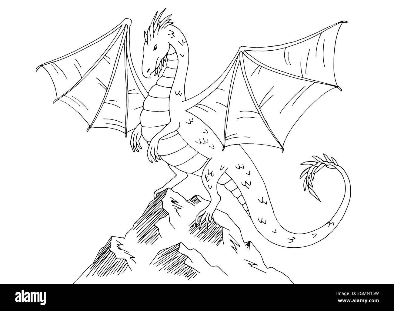 Dragon on the top cliff mountain graphic black white landscape sketch illustration vector Stock Vector