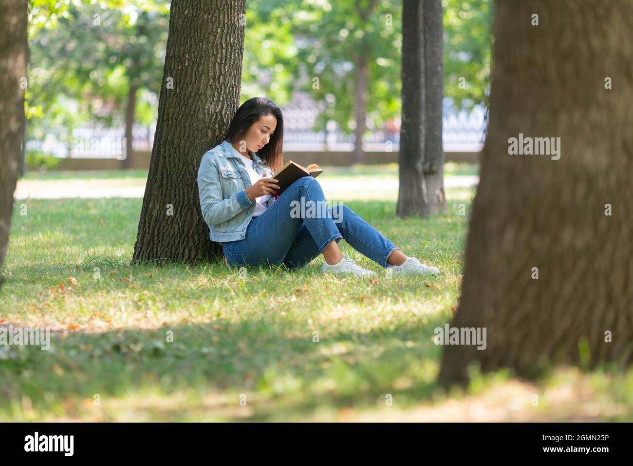 Digital detox concept - Asian woman reading a book in the park. She sitting on the grass under the tree, reads a book and takes a break from constantl Stock Photo