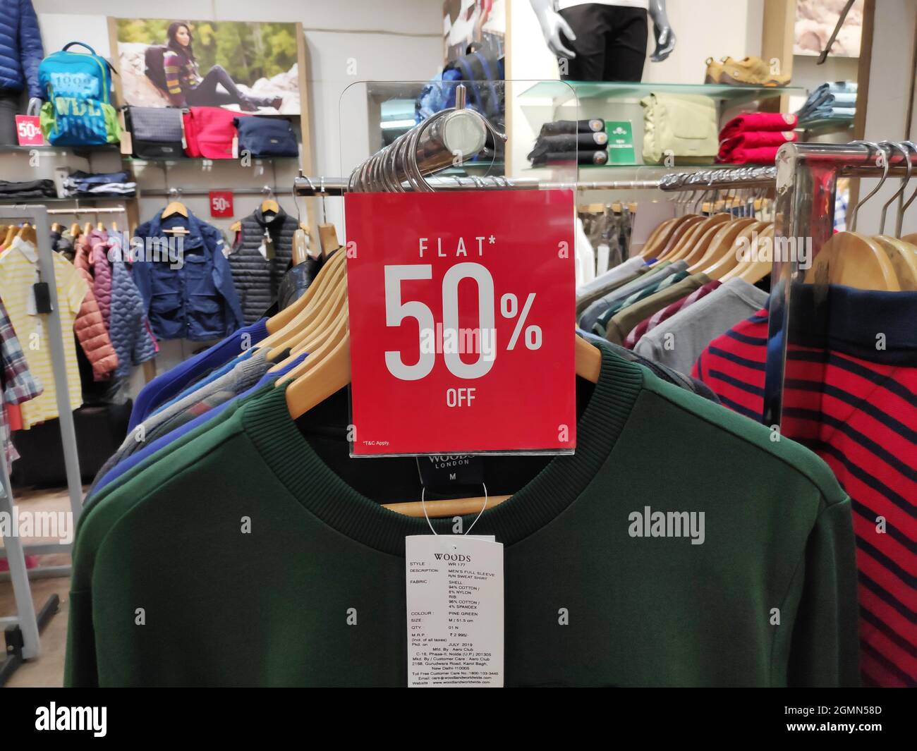 New Delhi, India, 1 March 2020:- 50 percent off on clothe, Sale on Cloths Stock Photo