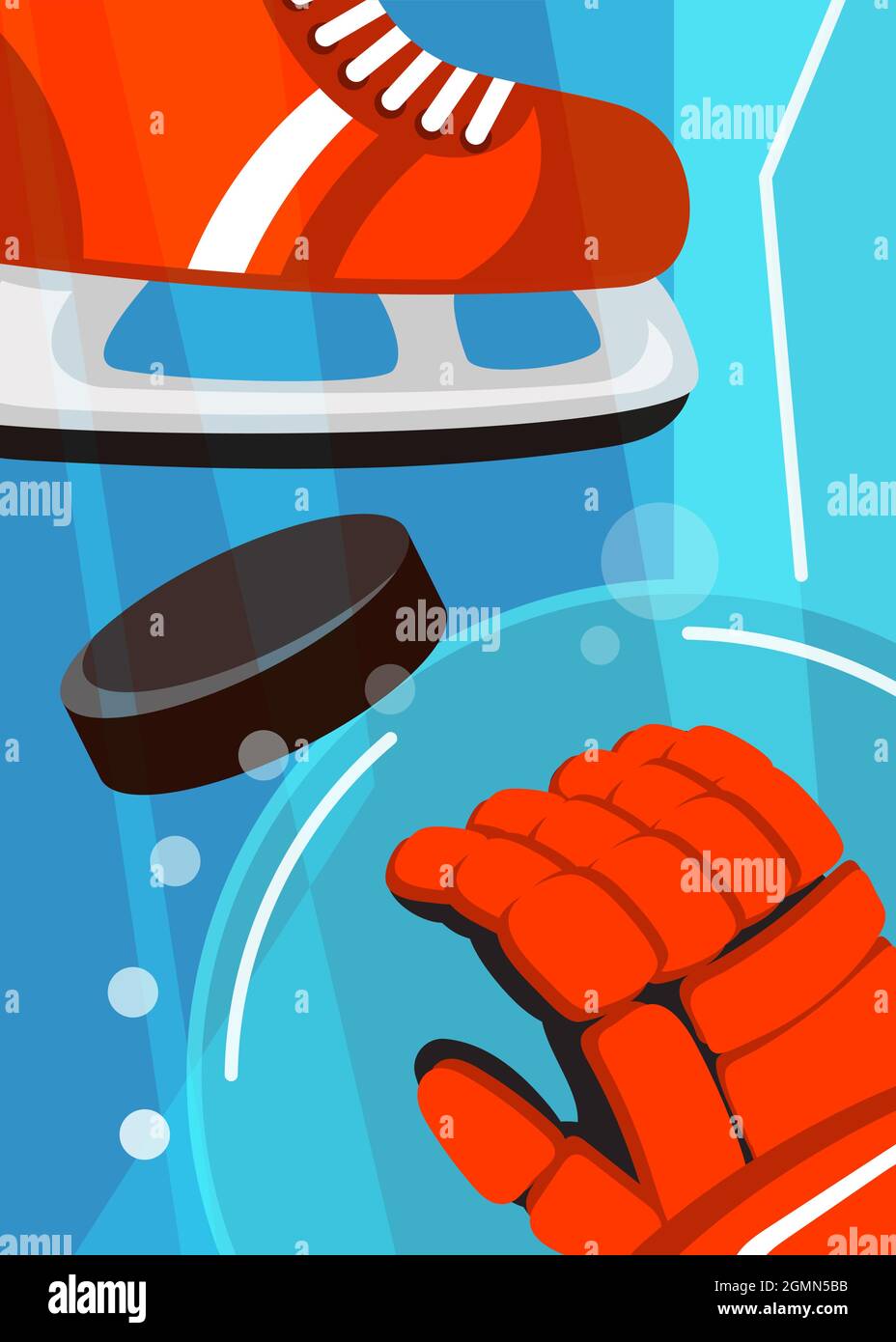 Hockey poster with skates and gloves. Sport placard design in cartoon
