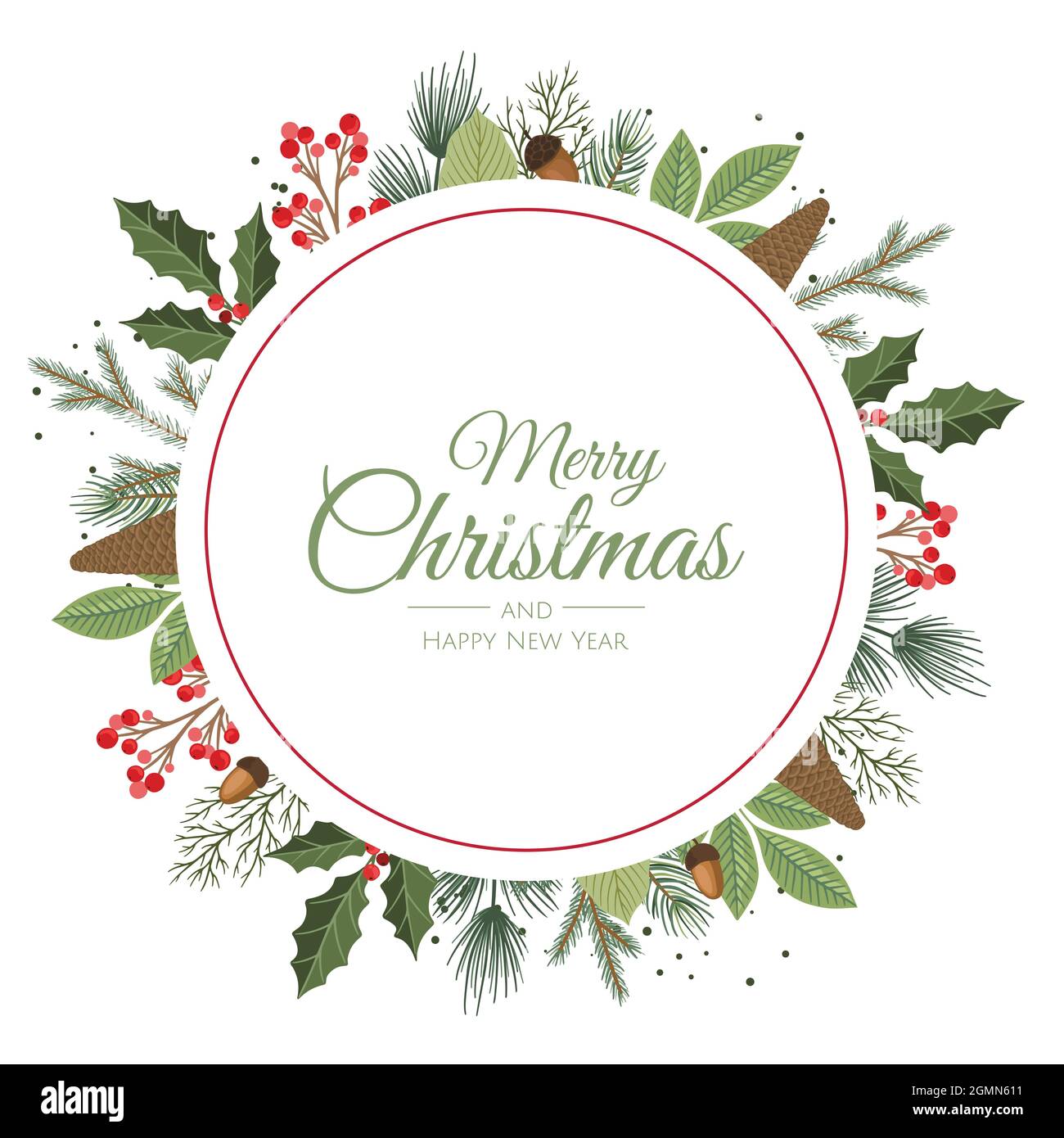 Christmas and Happy New Year illustration with Christmas wreath. Vector