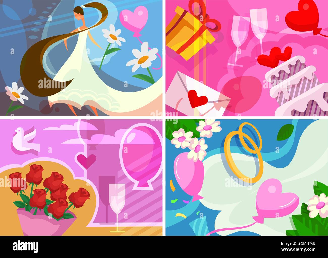 Collection of Wedding banners. Postcard designs in cartoon style Stock