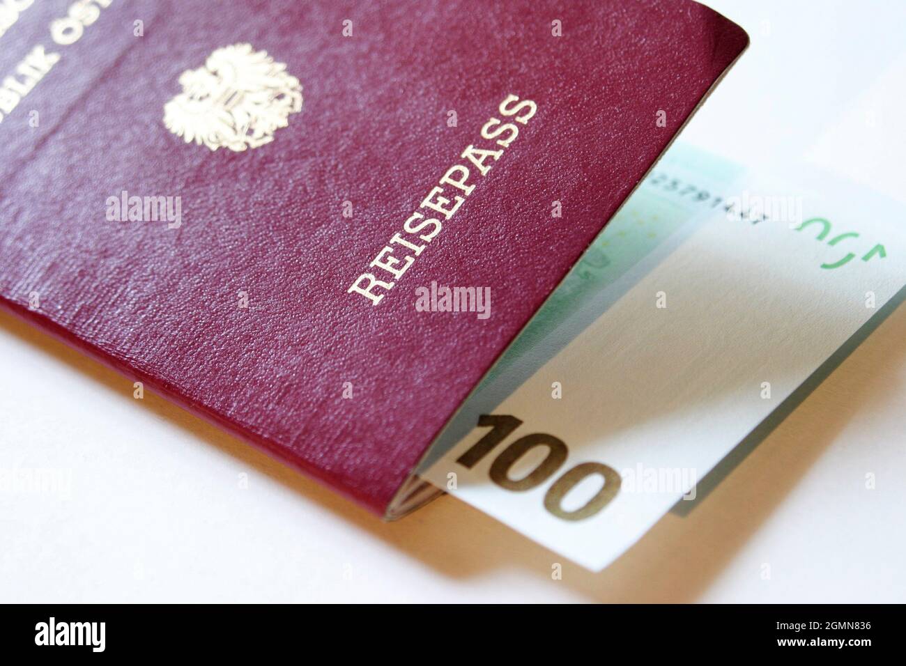 passport of Austria, Republik Oesterreich, with 100 Euro bill, Austria Stock Photo