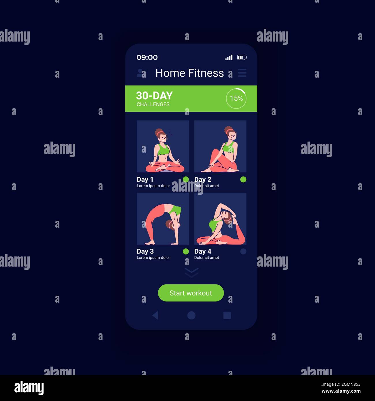 Home sport activities app smartphone interface vector template Stock