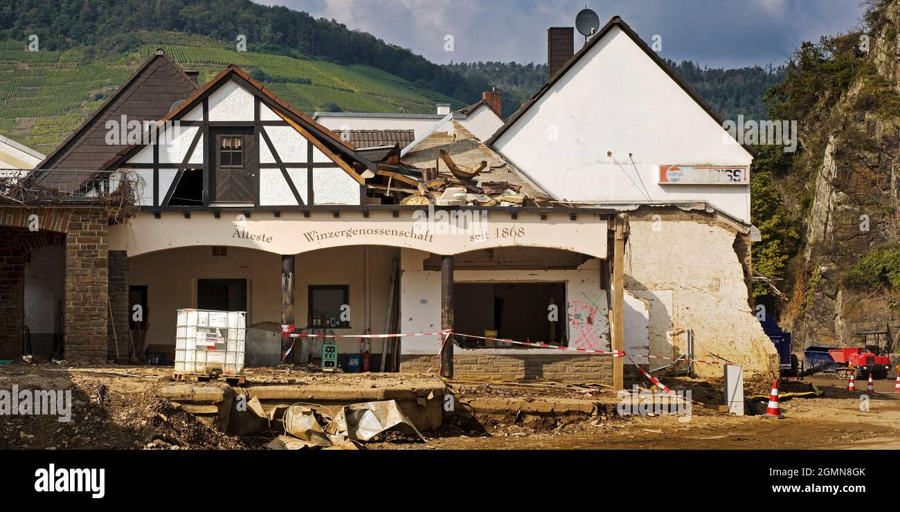 flood disaster 2021 Ahrtal, Ahr valley, destroyed hous, oldes vintners' cooperative (since 1886), Germany, Rhineland-Palatinate, Eifel, Mayschoss Stock Photo