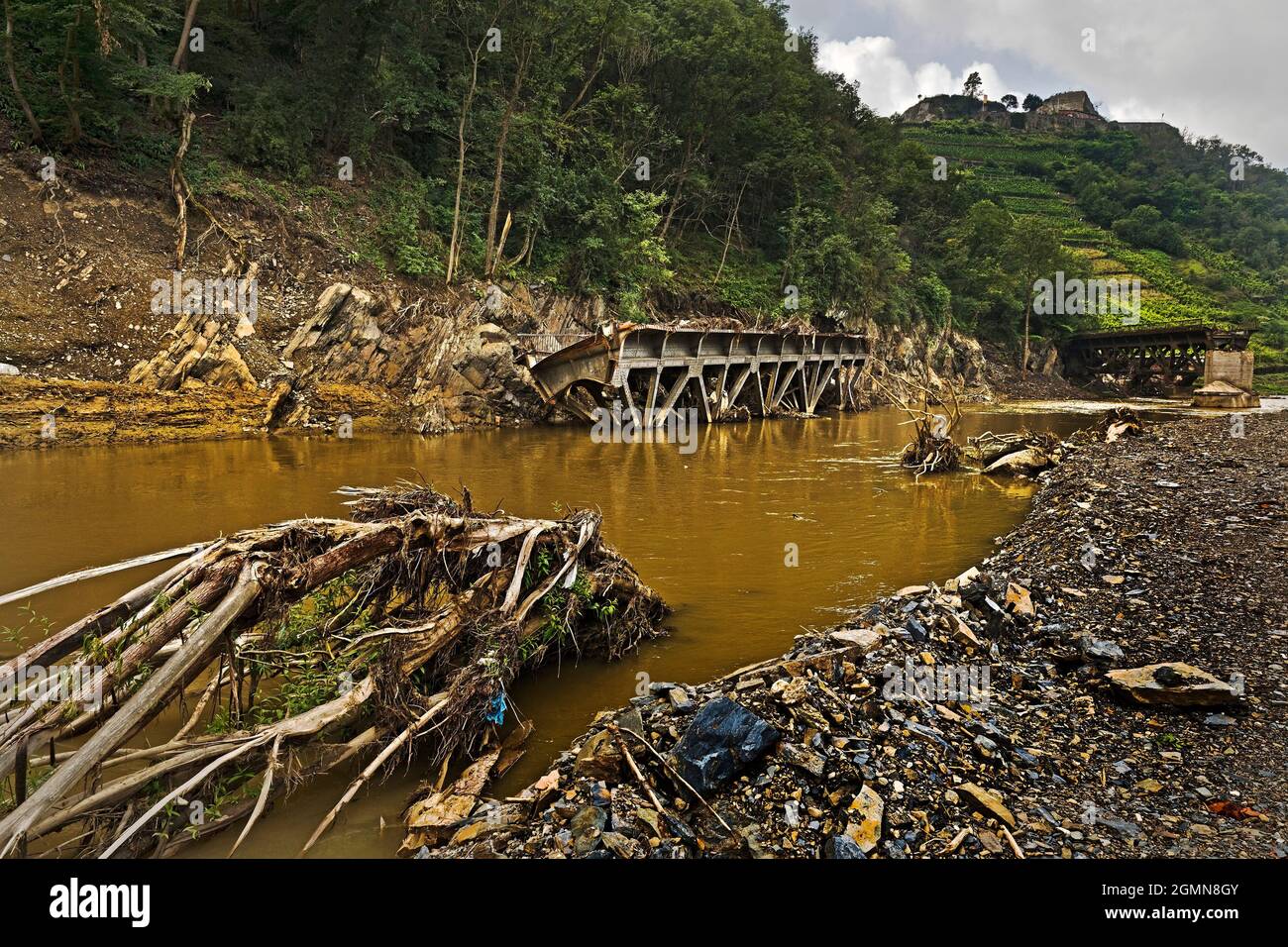 flood disaster 2021 Ahrtal, Ahr valley, destroyed bridge over river Ahr with castle Saffenburg, Germany, Rhineland-Palatinate, Mayschoss Stock Photo