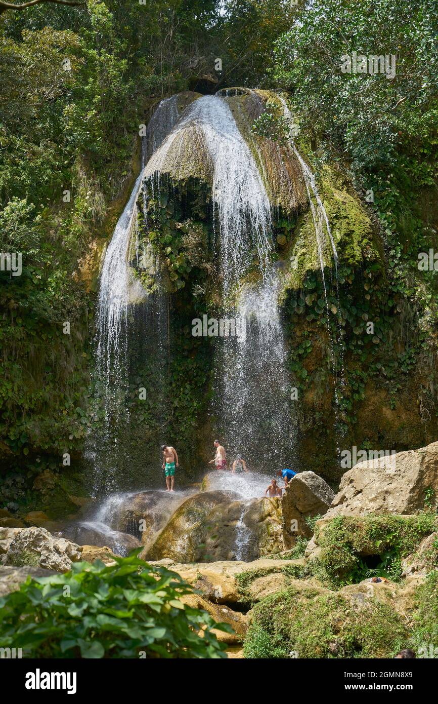 People refresh themselfs at the Salto del Arco Iris, Cuba, Artemisa, Salto del Arco Iris Stock Photo