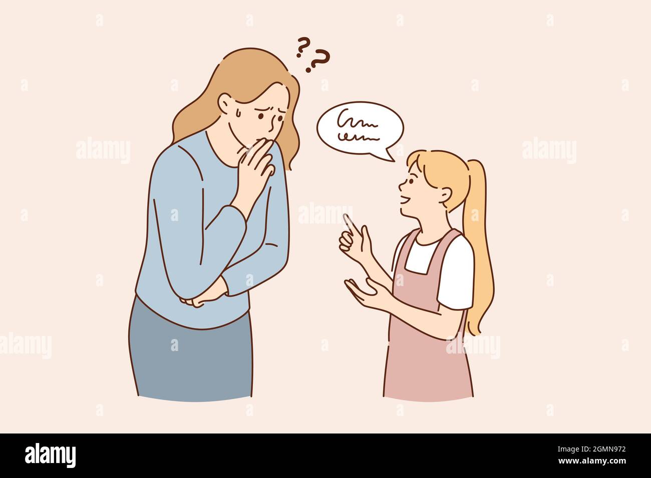 Communication problems and understanding concept. Small girl daughter  standing talking explaining something to frustrated woman mother trying to  understand vector illustration Stock Vector Image & Art - Alamy