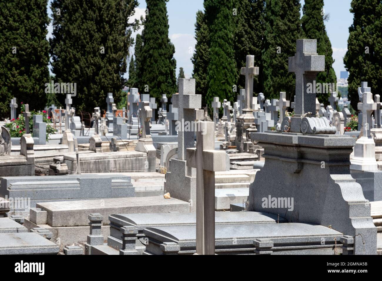View of marble and stone crosses and tombs in a cemetery in Madrid, Spain. Cypresses and sky in the background. Day of the dead concept Stock Photo