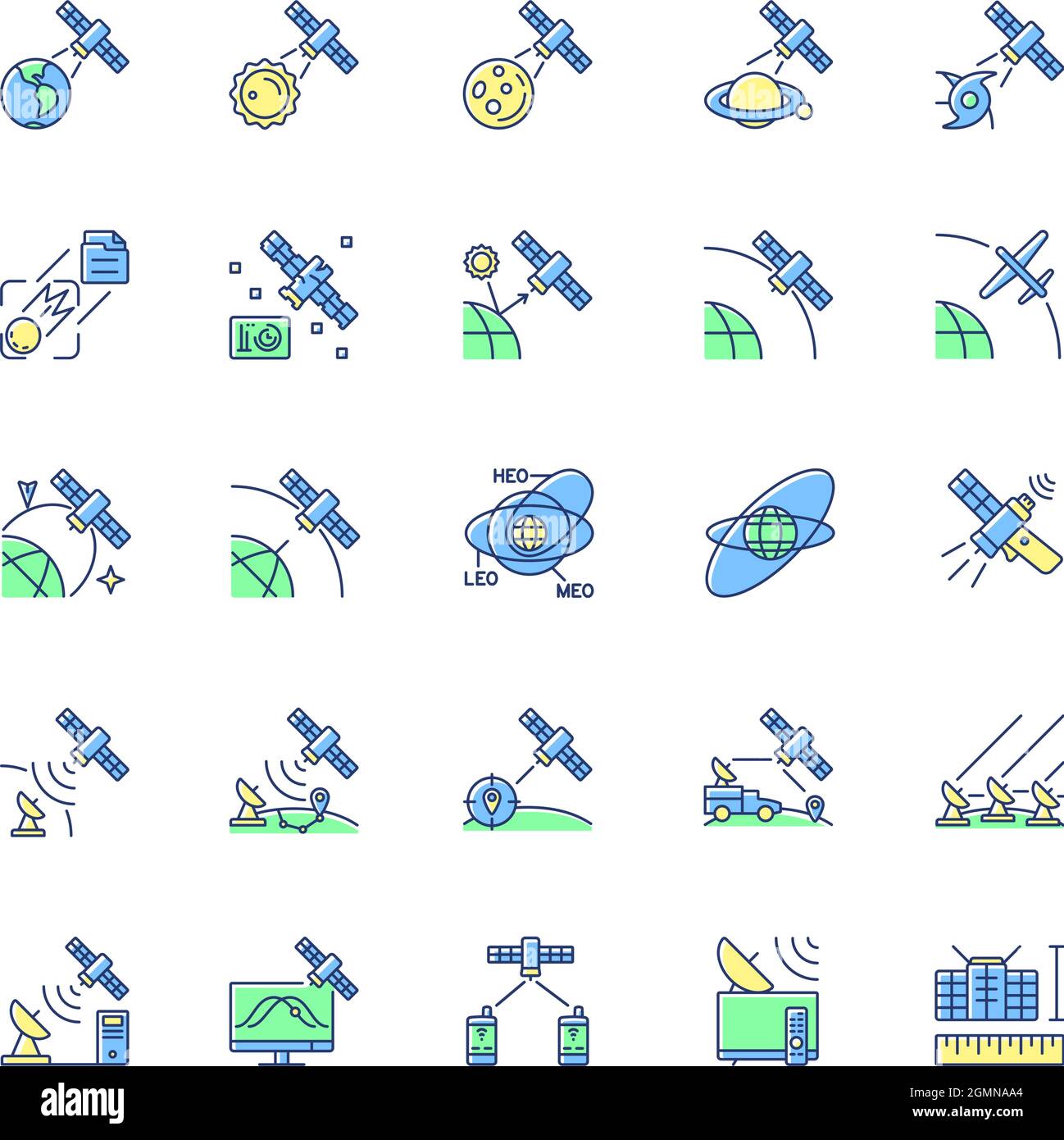 Satellites types green, blue RGB color icons set Stock Vector