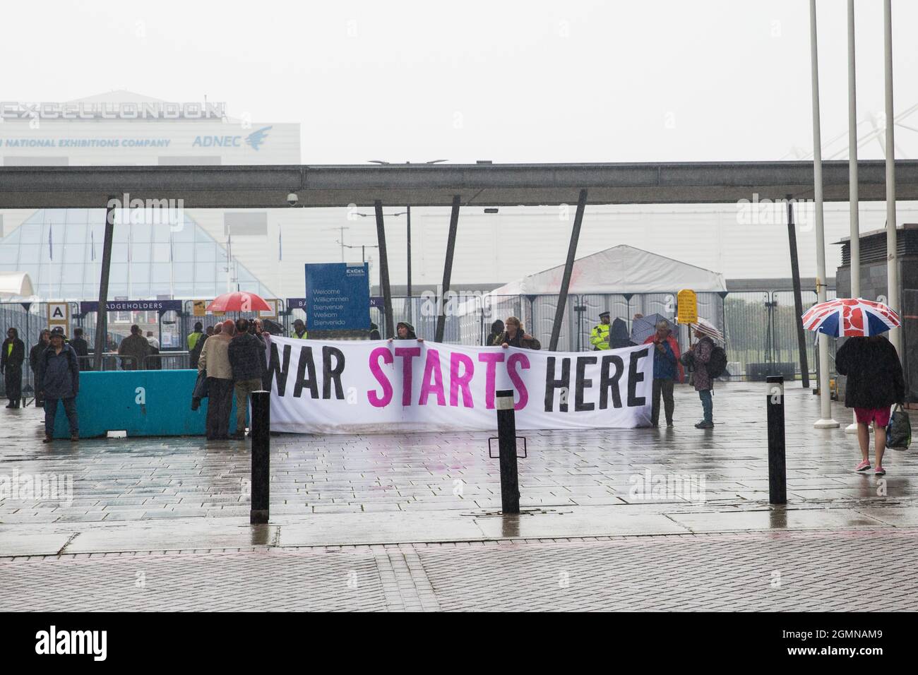 London, UK. 14th September, 2021. Stop The Arms Fair activists protest ...
