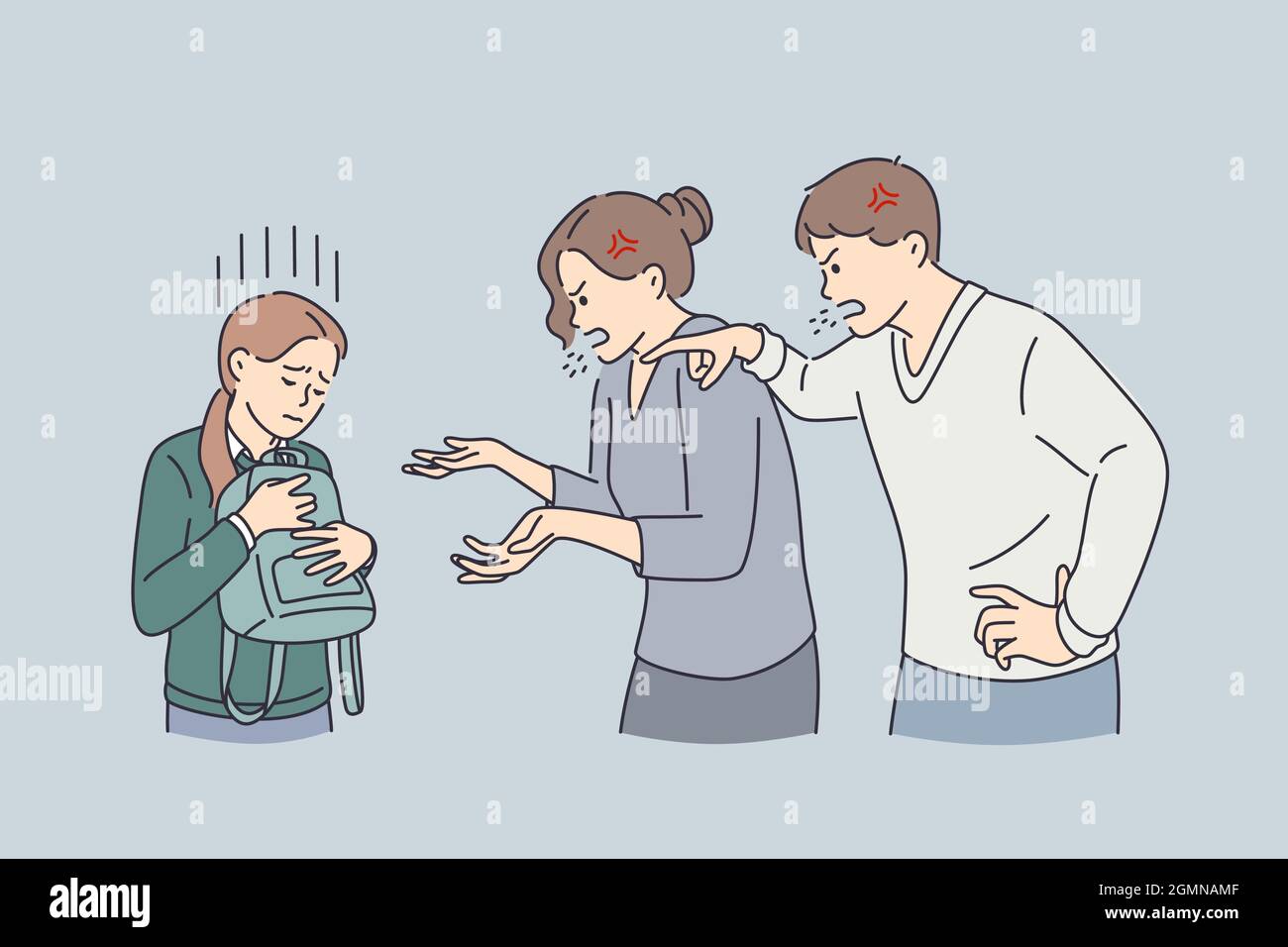 Angry mother screaming at son. Mom punishing sad kid for breaking rules or  bad behavior. Kid is afraid and closes her ears with her hands.Quarrel of  parents and children. Vector Illustration 26535023