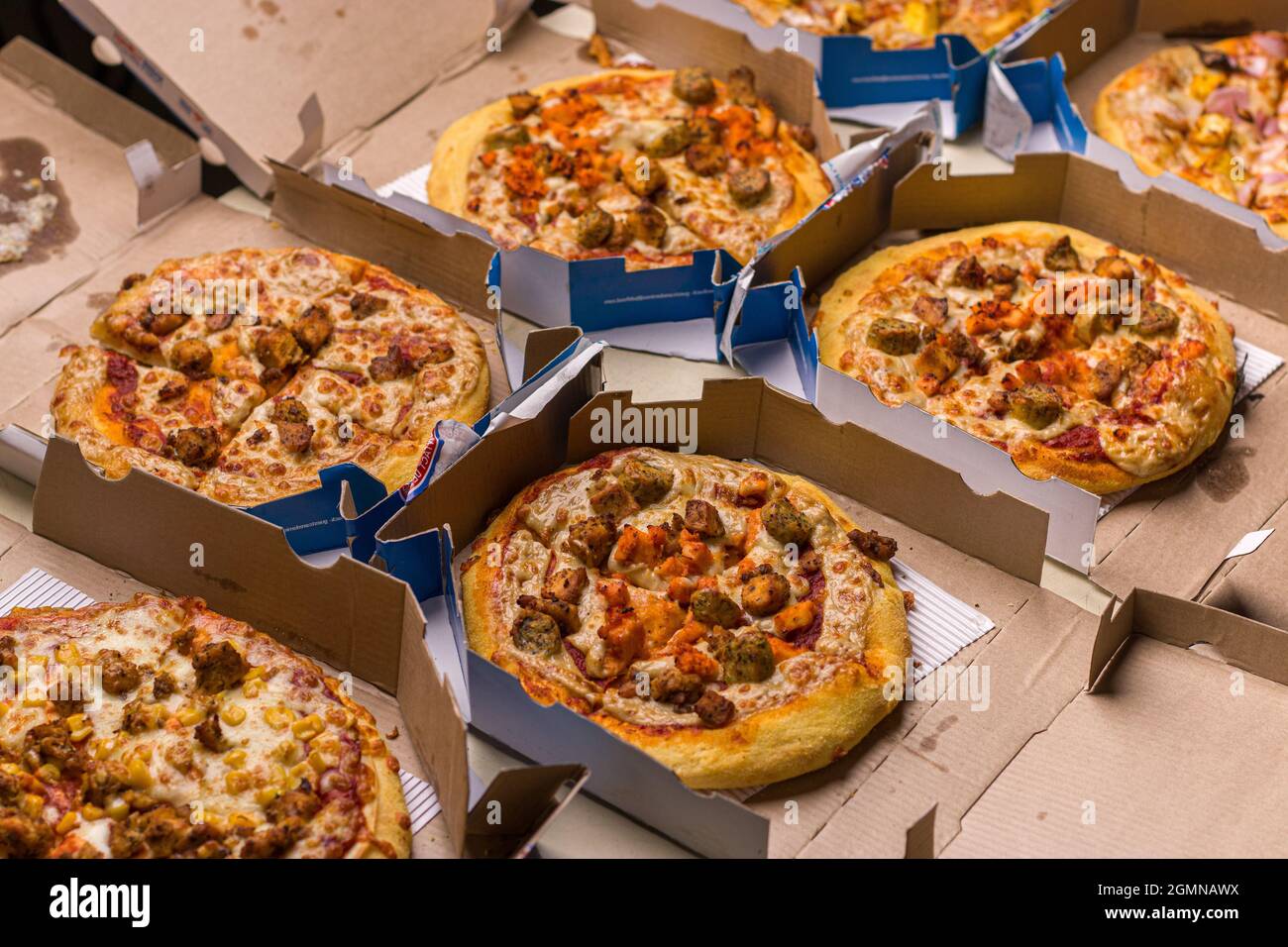 West Bangal, India - August 21, 2021 : Dominos pizza on box stock image. Stock Photo