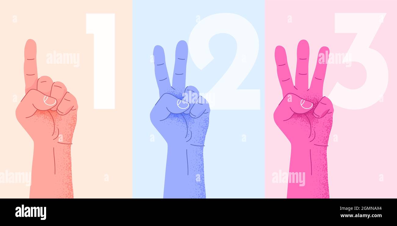 Set of counting one two three hand sign. Three steps or options concept. Vector illustration Stock Vector