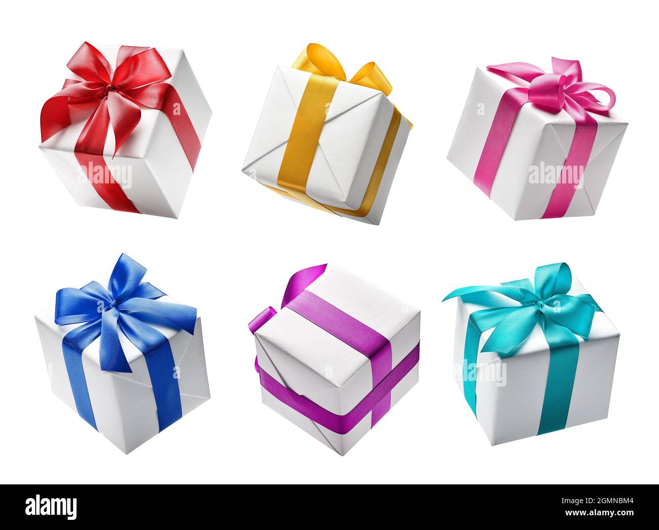 Birthday present - Set of white color gift boxes with colorful ribbon isolated on white background Stock Photo