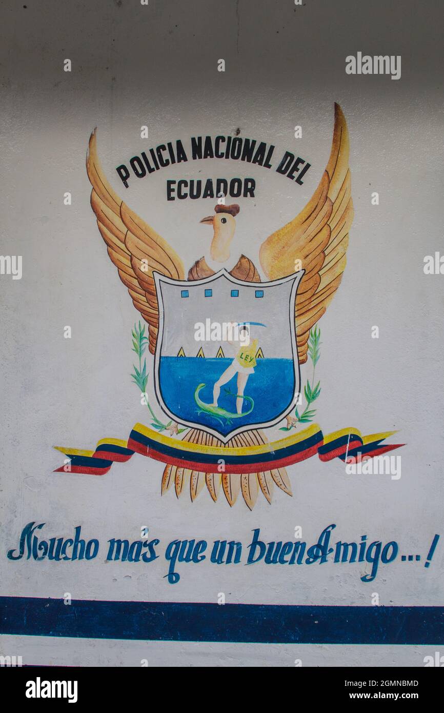LA BALSA, ECUADOR - JUNE 14, 2015: Ecuadorian police slogan: National police of Ecuador. Much more than just a good friend. Stock Photo