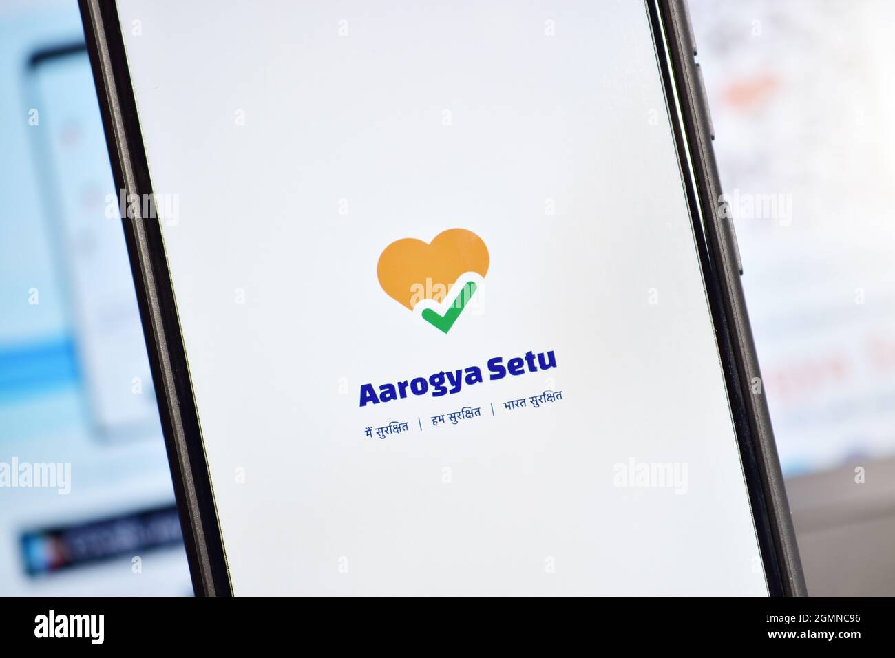 New Delhi, India 10 April 2020:- Arogya Setu Application on Smartphone Stock Photo