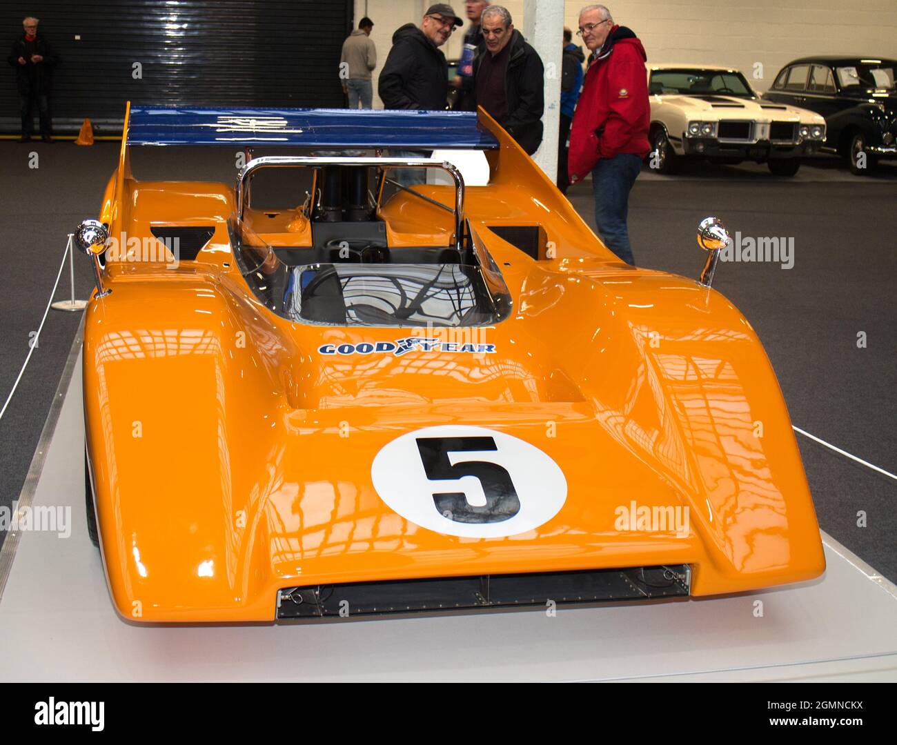 Denny Hulme's McLaren Can Am NME V8 at the London Classic Car Show, Earls Court, 2020 in a display honouring the late Bruce McLaren on the 50th Stock Photo