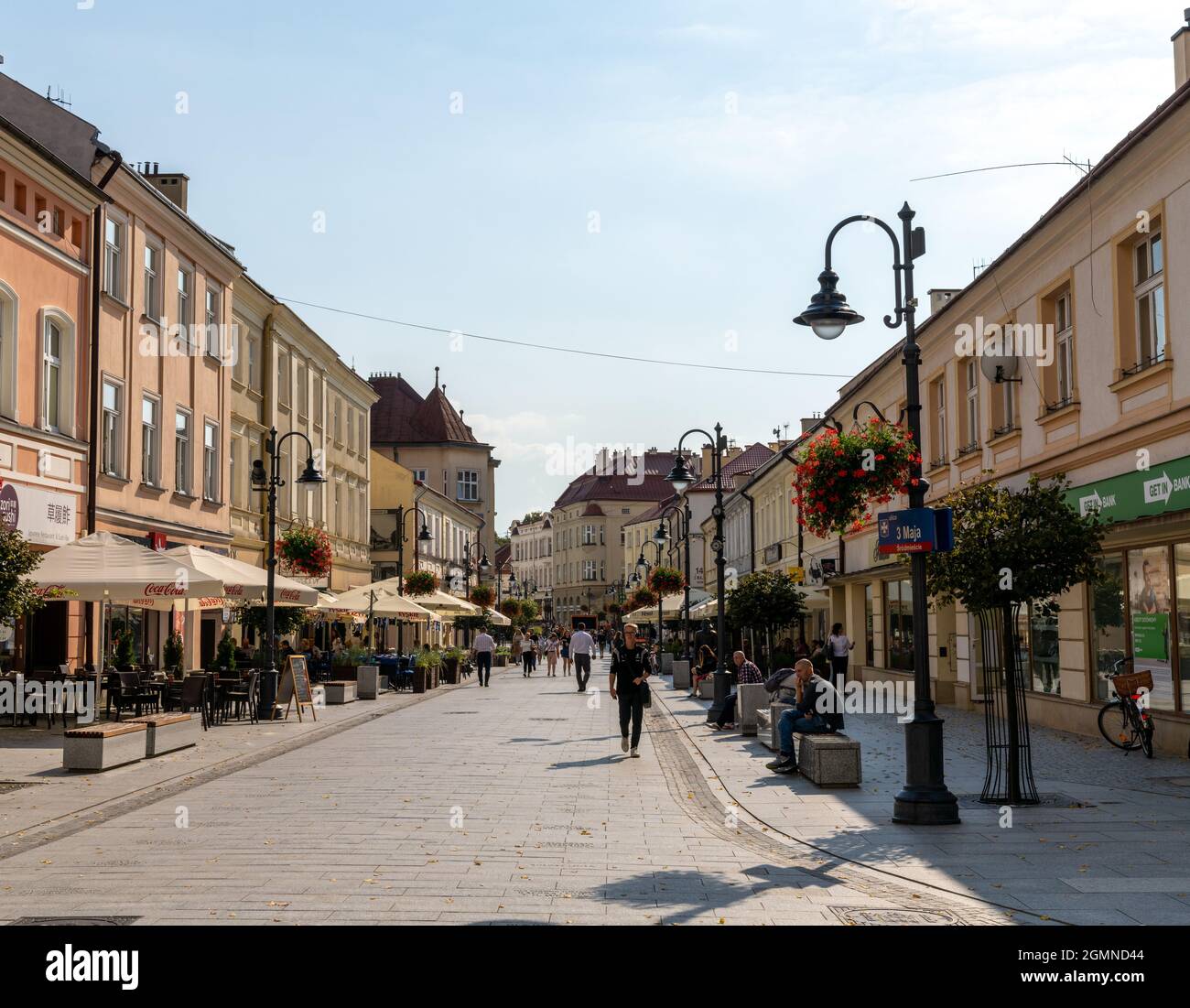 Rzeszow, Poland - 14 September, 2021: view of the 3 Maja Street in downtown Rzeszow with ist many restaurants and shops Stock Photo