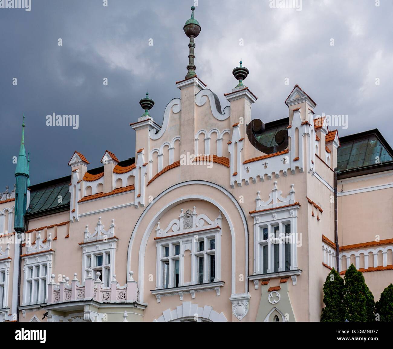 Rzeszow, Poland - 14 September, 2021: close up view of the architectural Renassaince style of the Polish Bank building in the old town of Rzeszow Stock Photo