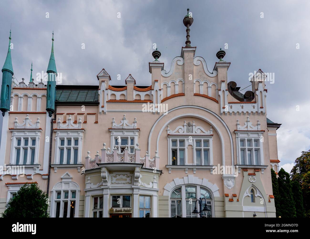 Rzeszow, Poland - 14 September, 2021: close up view of the architectural Renassaince style of the Polish Bank building in the old town of Rzeszow Stock Photo