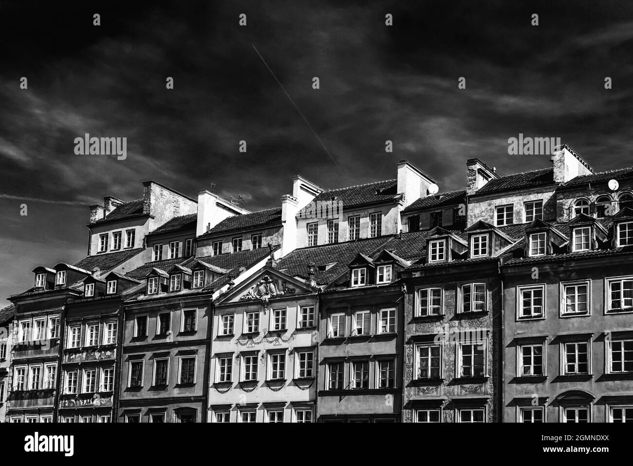Warsaw, Poland September 11, 2021 black and white view of the houses on the old market square