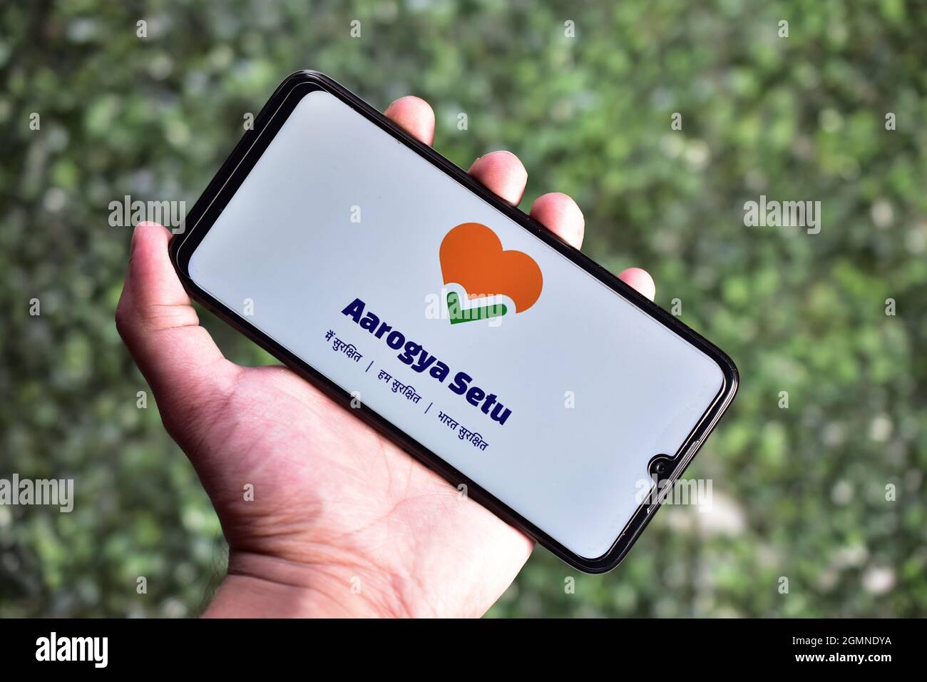 New Delhi, India, 12 April 2020:-  Aarogya Setu is an Indian COVID-19 contact tracing application, aarogya setu app on smartphone Stock Photo