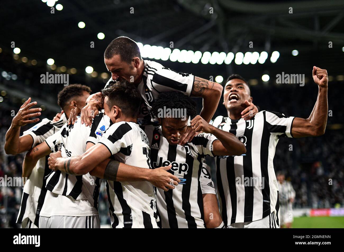 Turin, Italy. 19 September 2021. Alvaro Morata of Juventus FC celbrates with his teammates after scoring the opening goal during the Serie A football match between Juventus FC and AC Milan. Credit: Nicolò Campo/Alamy Live News Stock Photo