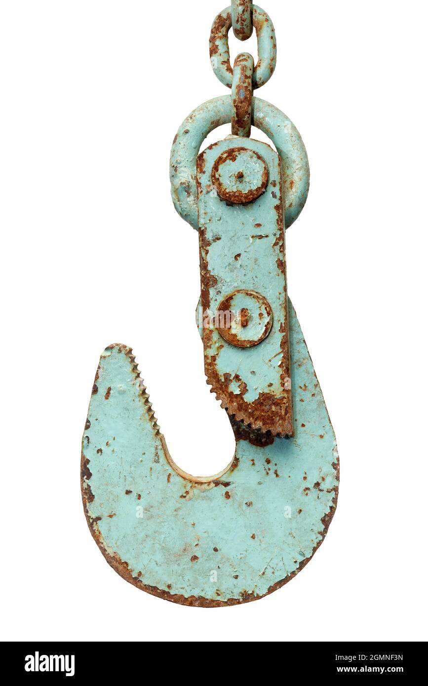 Isolated objects: old construction crane hook, weathered and rusty, on white background Stock Photo