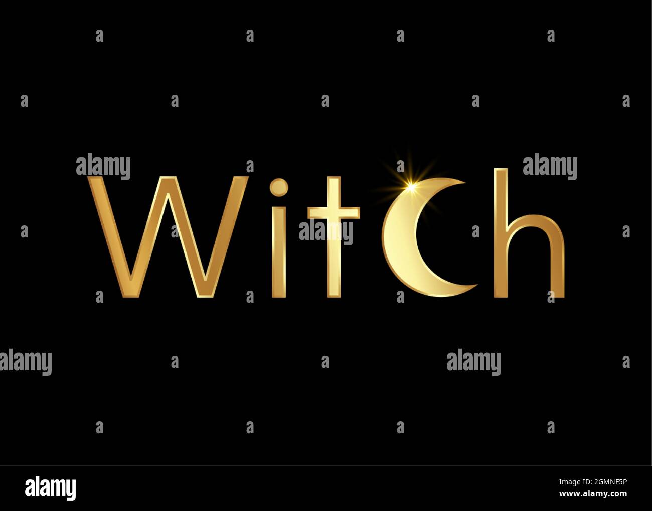 Gold text witch, golden witchcraft and crescent moon magic print