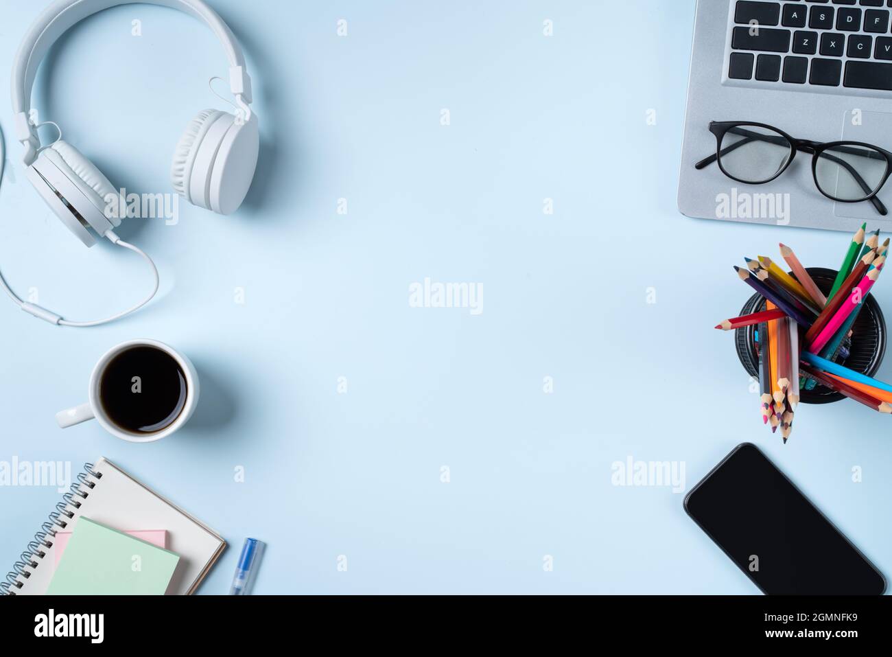 Online learning design concept. Top view of student table with computer ...