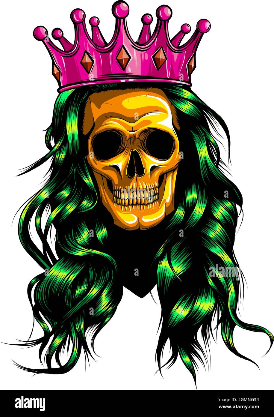 QueeFemale skull with a crown and long Queen of death drawn in tattoo style. Stock Vector
