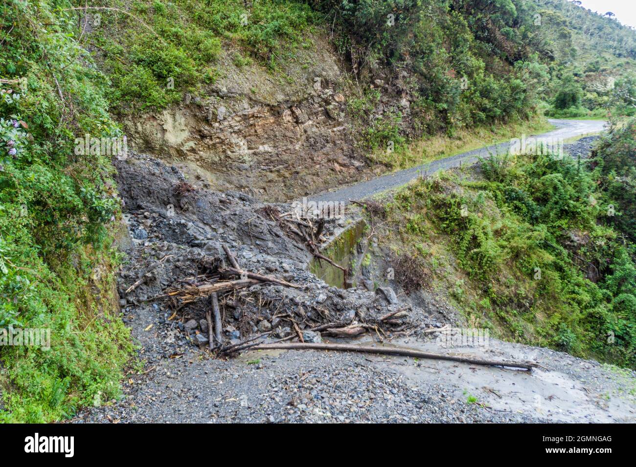 Landslide on th access road to National Park Podocarpus in southern Ecuador Stock Photo