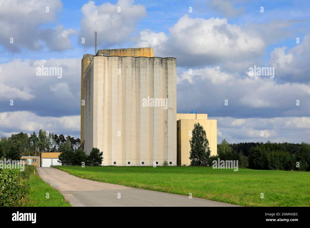 Pernio Granary, grain elevator of Suomen Viljava Oy on a beautiful day in August. This landmark in Salo is owned by State of Finland. Stock Photo