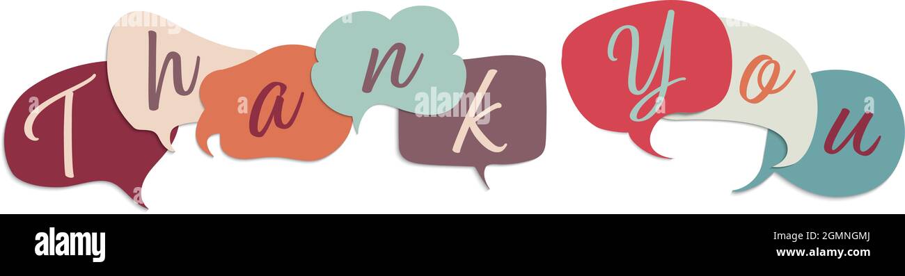 Colored speech bubble with inside letters forming the text -Thank You- Teamwork. Gratitude message between colleagues or friends. Appreciation.Concept Stock Vector