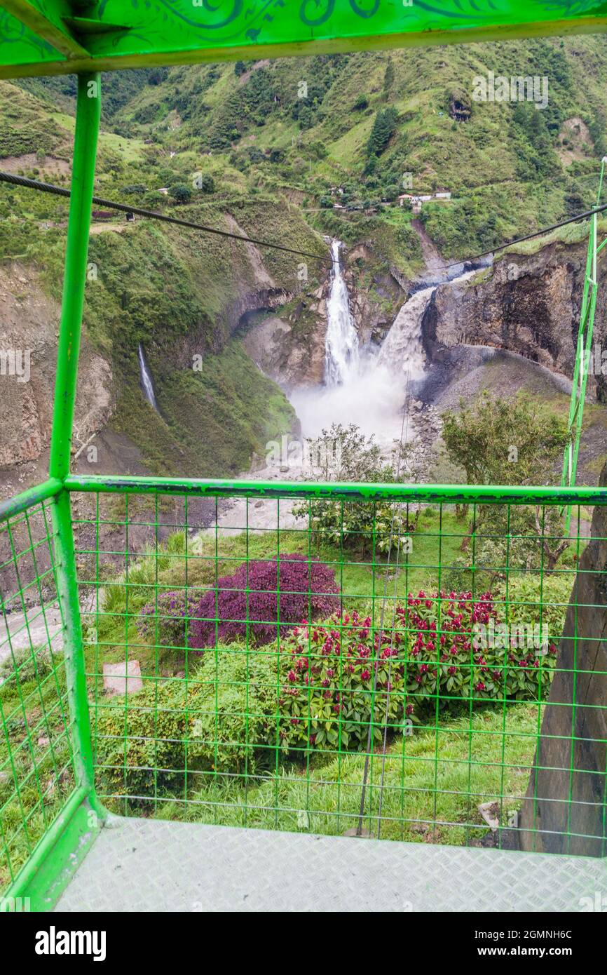 Cable car is used for observing Agoyan falls near Banos, Ecuador Stock