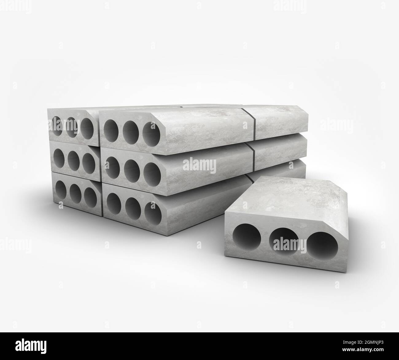 Prefabricated concrete materials, cement panels and tubes on a white