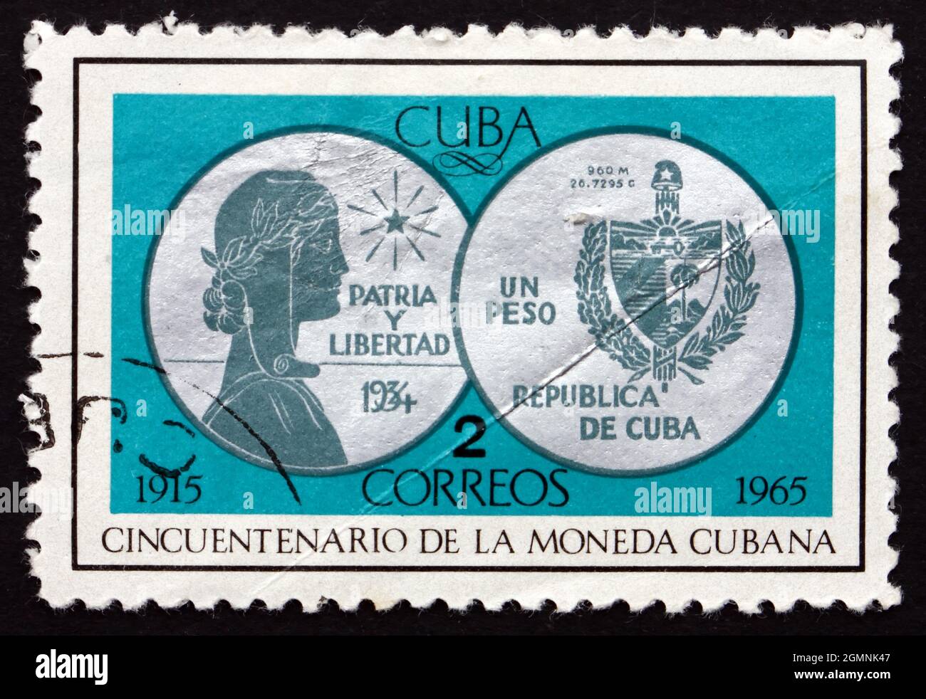 CUBA - CIRCA 1965: a stamp printed in the Cuba shows Coin, 50th