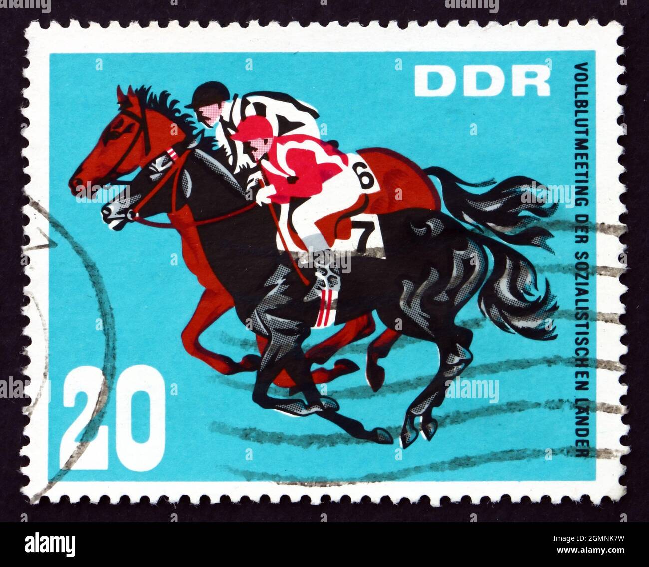 GDR - CIRCA 1967: a stamp printed in GDR shows Horse Race Finish, Thoroughbred Horse Show of Socialist Countries, Hoppegarten, Berlin, circa 1967 Stock Photo