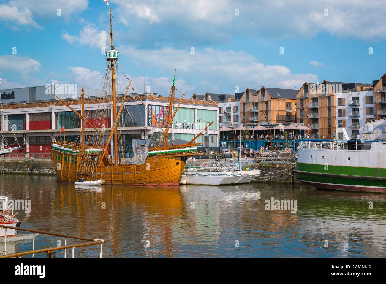 Bristol, view of the Floating Harbour and a replica of the sailing ship 'Matthew of Bristol' in which John Cabot discovered Newfoundland, Bristol UK Stock Photo