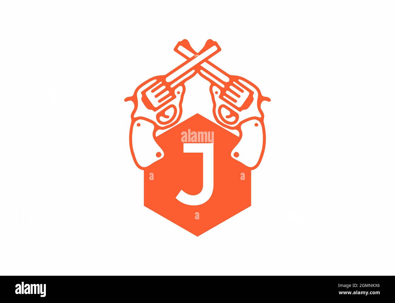Two guns line art illustration with J initial letter design Stock