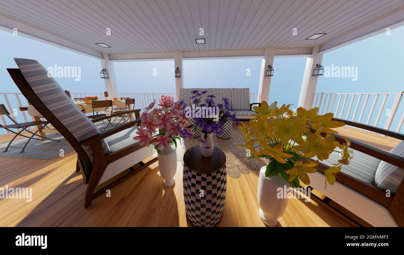 3D rendering of a relaxing autumn porch exterior Stock Photo - Alamy