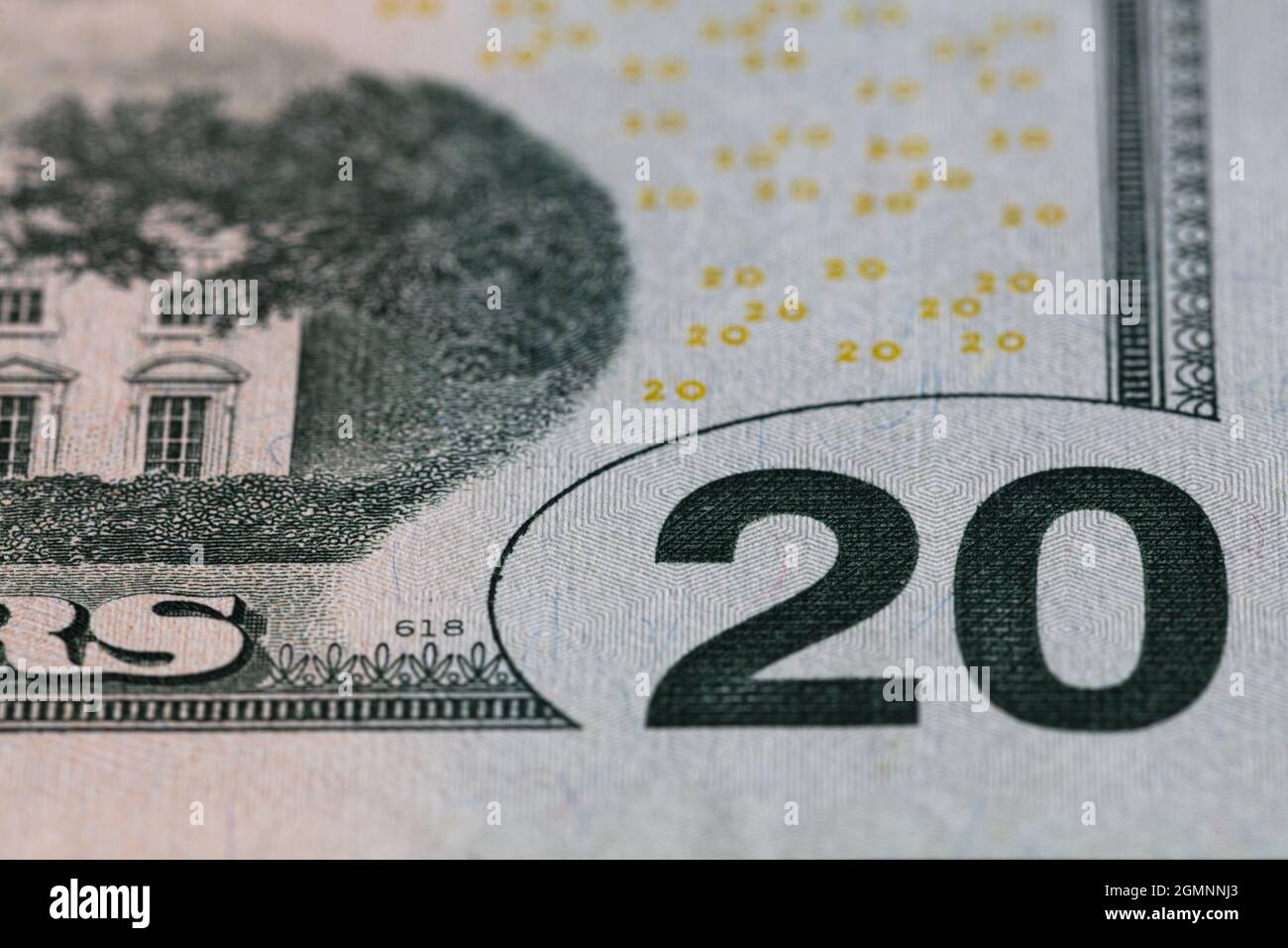 Closeup of back side of 20 dollar banknote Stock Photo