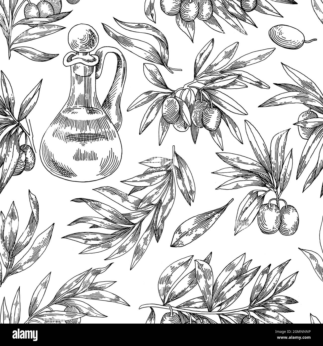 Seamless pattern with ink hand drawn olive tree twigs isolated on white. Vintage olive background Stock Photo