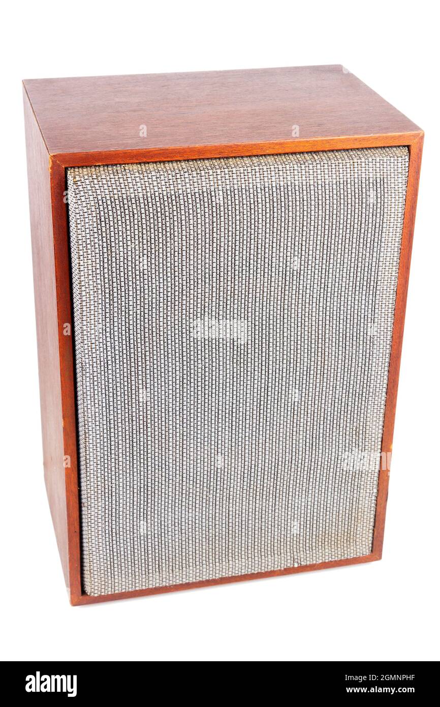 Single vintage speaker with fabric grill isolated on white background