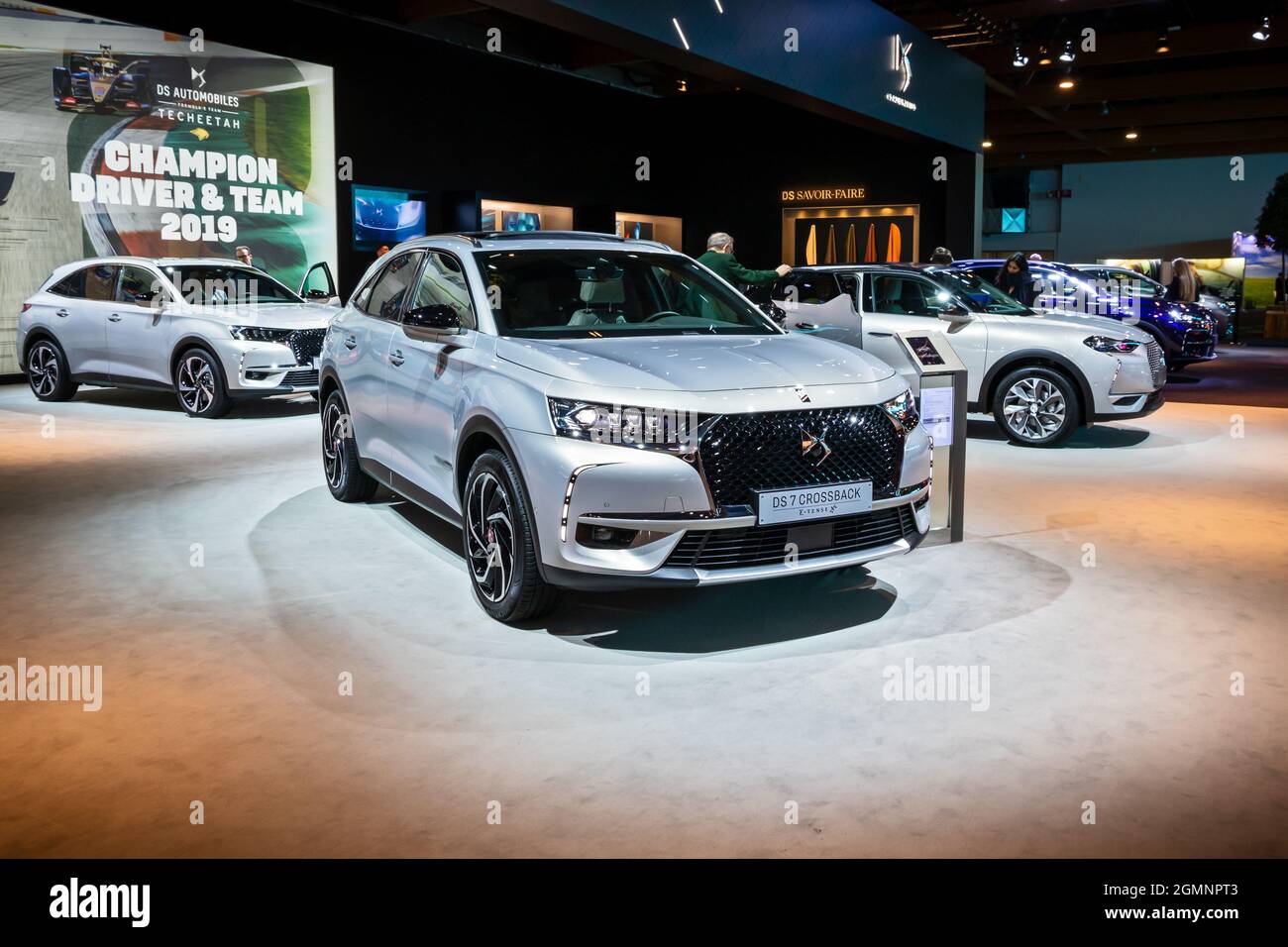 DS7 Crossback E-Tense new hybrid car model shown at the Autosalon 2020 Motor Show. Brussels, Belgium - January 9, 2020. Stock Photo